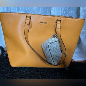 Yellow faux leather tote purse with small chain clutch
